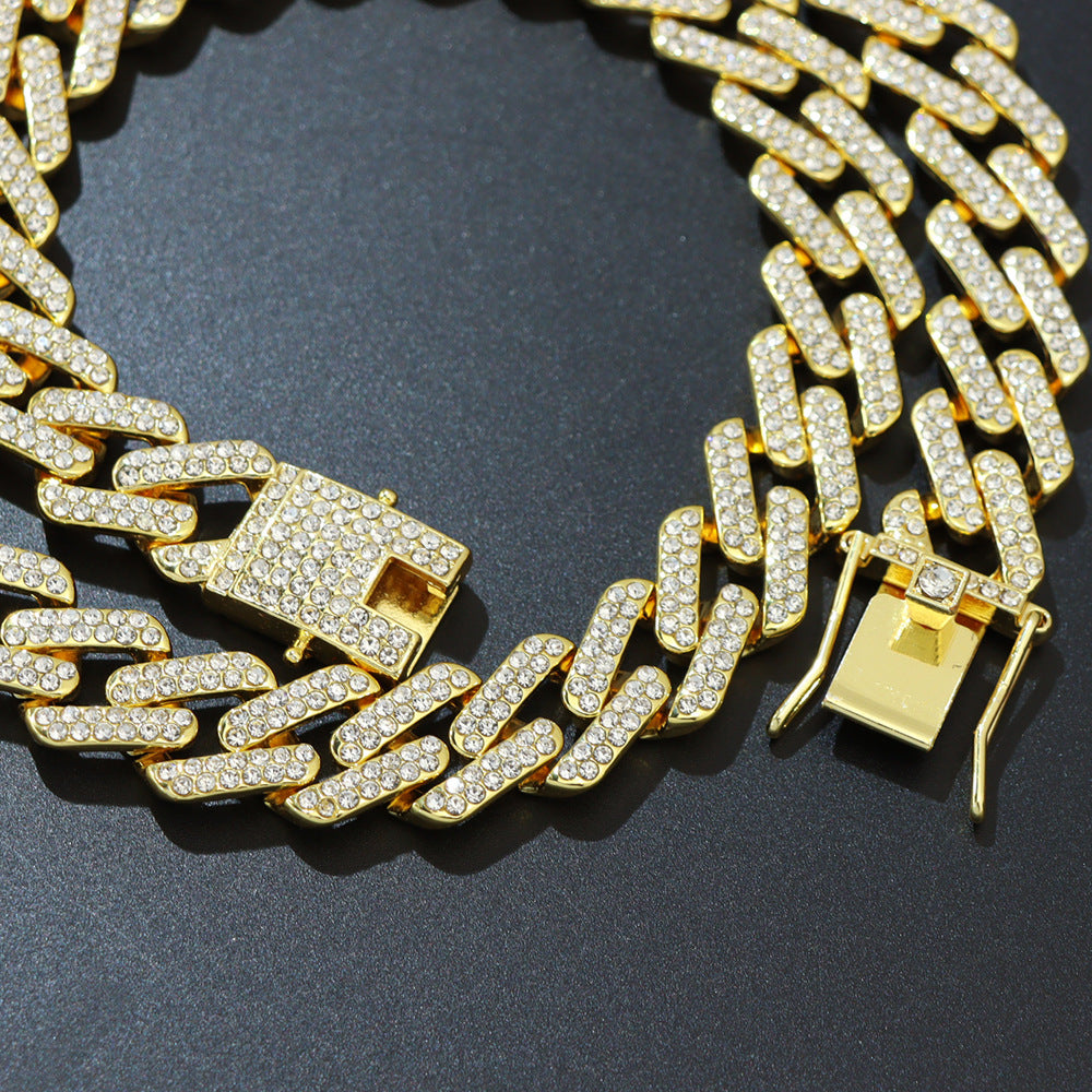 Cool trendy men's domineering motorcycle hip hop style Cuban chain necklace personality European and American full diamond alloy diamond chain necklace