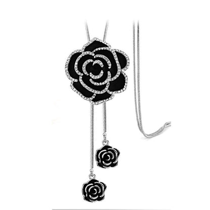 Korean Style Sparkling Black Rose Long Sweater Chain New High-End Elegant Retro Clothing Pendant Necklace Accessories