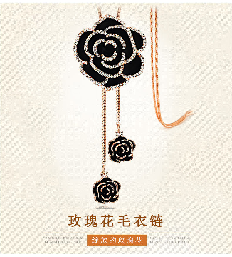 Korean Style Sparkling Black Rose Long Sweater Chain New High-End Elegant Retro Clothing Pendant Necklace Accessories