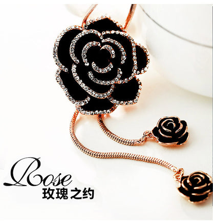 Korean Style Sparkling Black Rose Long Sweater Chain New High-End Elegant Retro Clothing Pendant Necklace Accessories