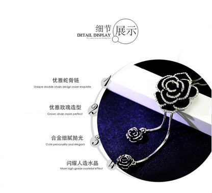 Korean Style Sparkling Black Rose Long Sweater Chain New High-End Elegant Retro Clothing Pendant Necklace Accessories