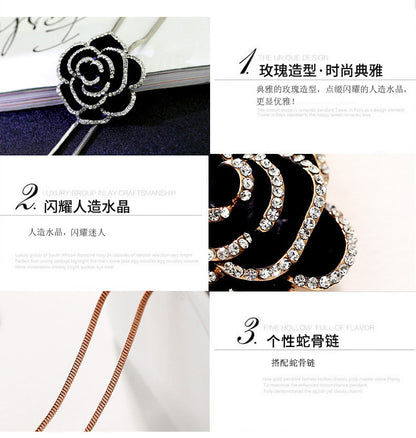 Korean Style Sparkling Black Rose Long Sweater Chain New High-End Elegant Retro Clothing Pendant Necklace Accessories