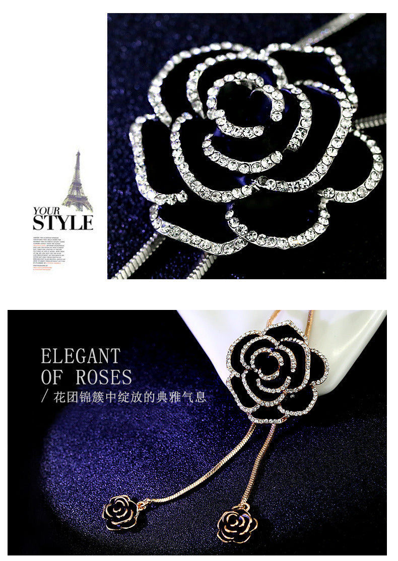 Korean Style Sparkling Black Rose Long Sweater Chain New High-End Elegant Retro Clothing Pendant Necklace Accessories