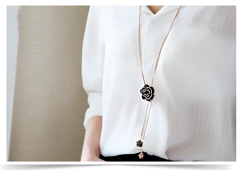 Korean Style Sparkling Black Rose Long Sweater Chain New High-End Elegant Retro Clothing Pendant Necklace Accessories
