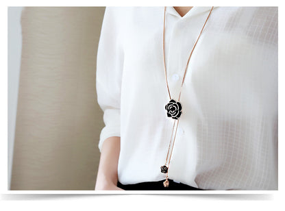 Korean Style Sparkling Black Rose Long Sweater Chain New High-End Elegant Retro Clothing Pendant Necklace Accessories