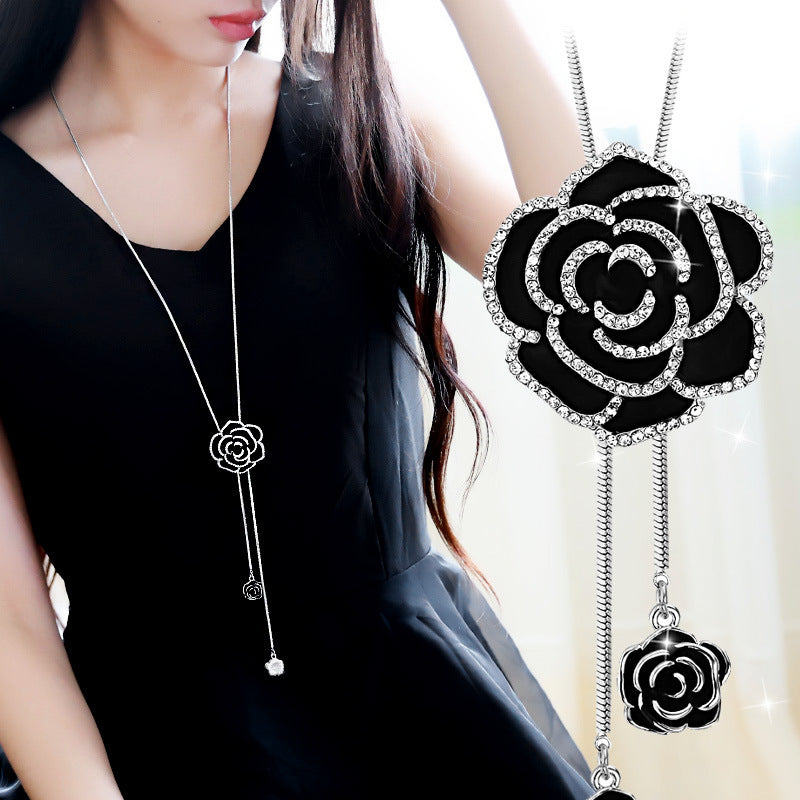 Korean Style Sparkling Black Rose Long Sweater Chain New High-End Elegant Retro Clothing Pendant Necklace Accessories