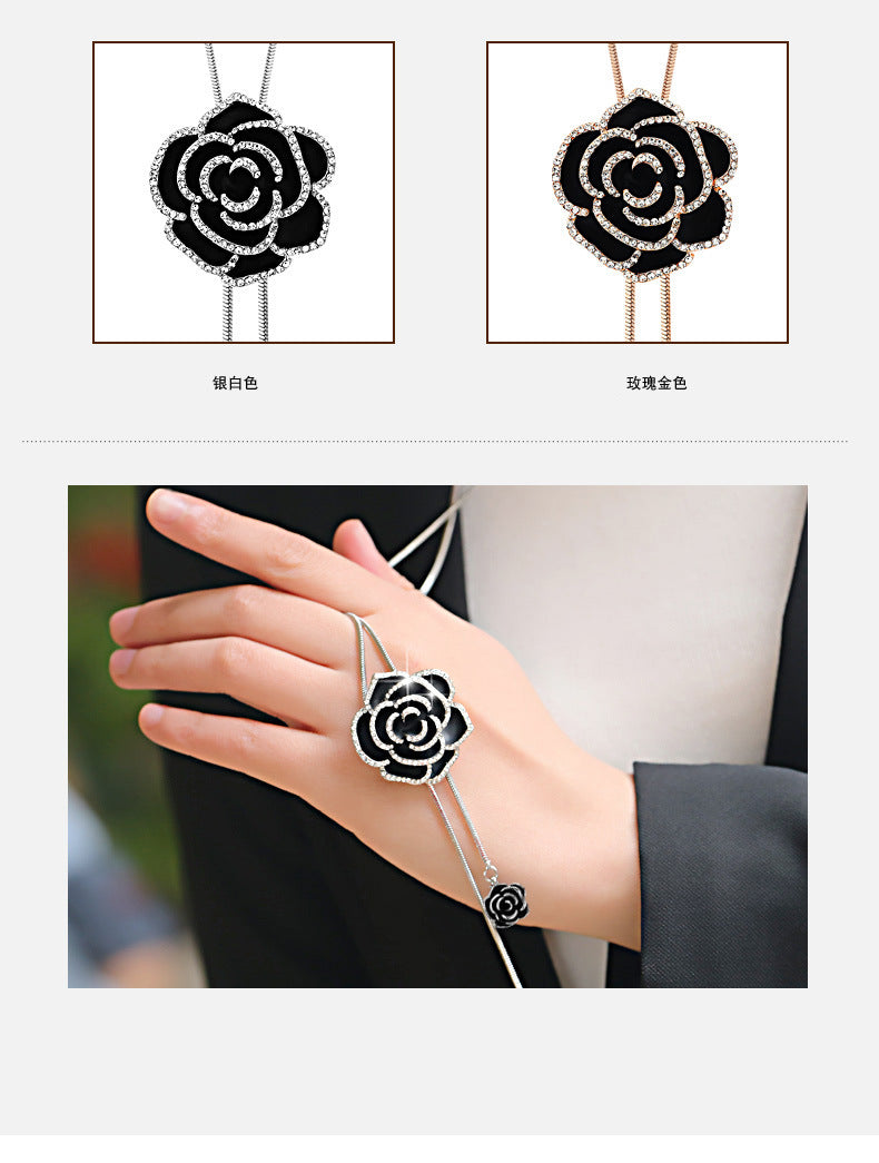 Korean Style Sparkling Black Rose Long Sweater Chain New High-End Elegant Retro Clothing Pendant Necklace Accessories
