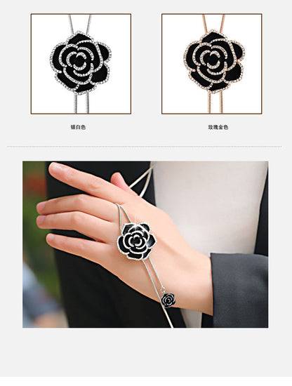Korean Style Sparkling Black Rose Long Sweater Chain New High-End Elegant Retro Clothing Pendant Necklace Accessories
