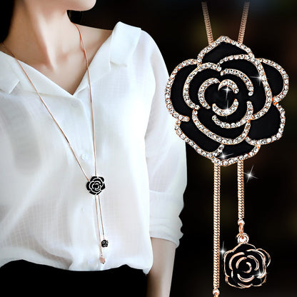 Korean Style Sparkling Black Rose Long Sweater Chain New High-End Elegant Retro Clothing Pendant Necklace Accessories
