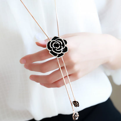 Korean Style Sparkling Black Rose Long Sweater Chain New High-End Elegant Retro Clothing Pendant Necklace Accessories