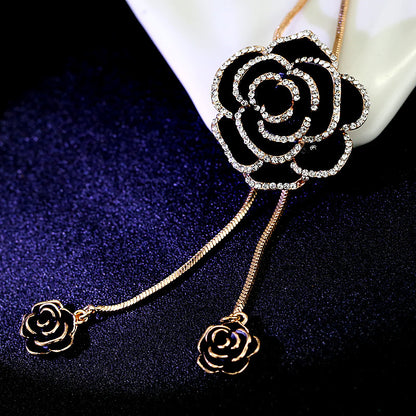Korean Style Sparkling Black Rose Long Sweater Chain New High-End Elegant Retro Clothing Pendant Necklace Accessories