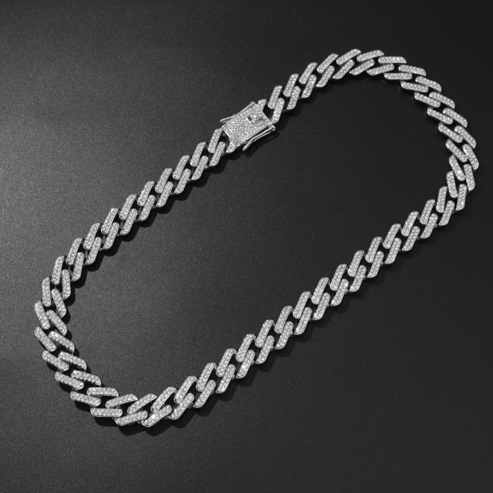 Cool trendy men's domineering motorcycle hip hop style Cuban chain necklace personality European and American full diamond alloy diamond chain necklace