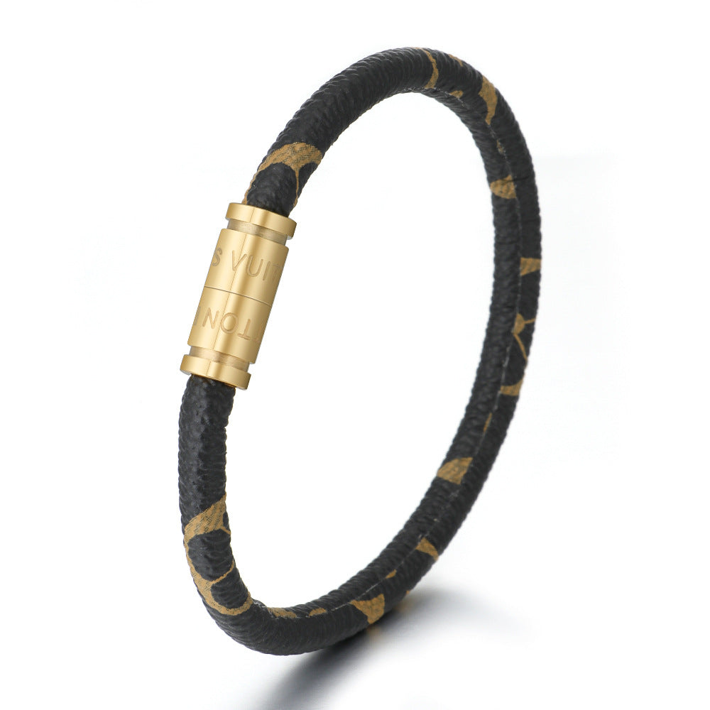Cross-Border E-Commerce European and American Titanium Steel Lettering Old Pattern Cowhide Rope Bracelet Stainless Steel Magnetic Buckle Male and Female Couple Bracelet