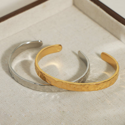 Casual Style Personalized Geometric Jewelry Niche Hammered Texture Design Titanium Steel Gold-Plated Open Bracelet Titanium Steel Bracelet