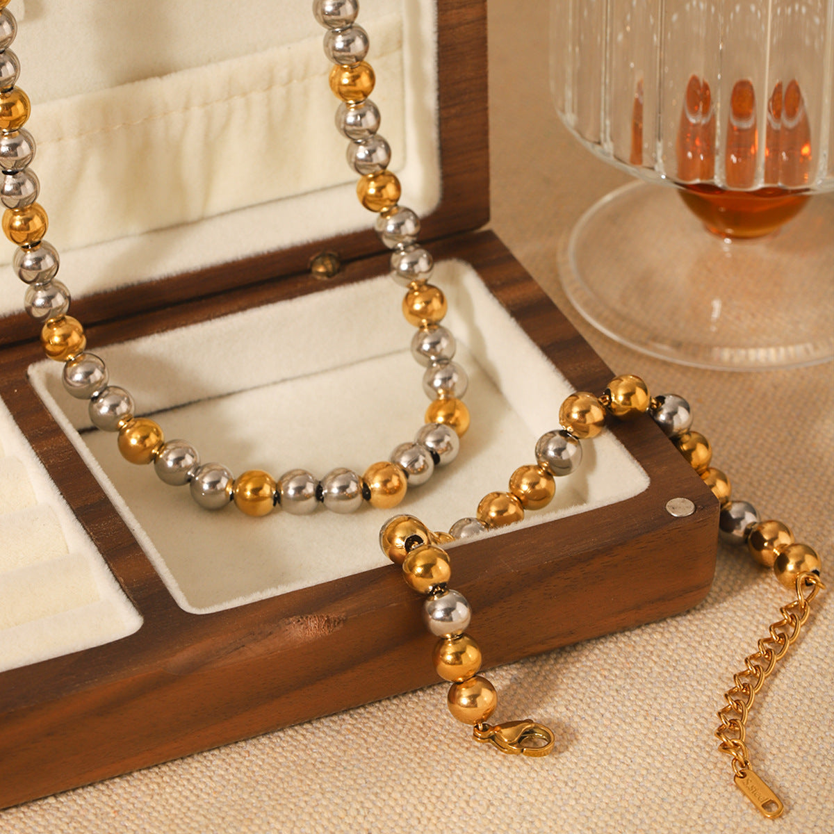 European and American Contrasting Color Ball Chain Stainless Steel Necklace Bracelet Women's Light Luxury Titanium Steel Clavicle Chain Color Matching Necklace Cross-Border Hand Jewelry