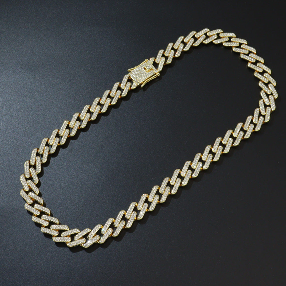 Cool trendy men's domineering motorcycle hip hop style Cuban chain necklace personality European and American full diamond alloy diamond chain necklace