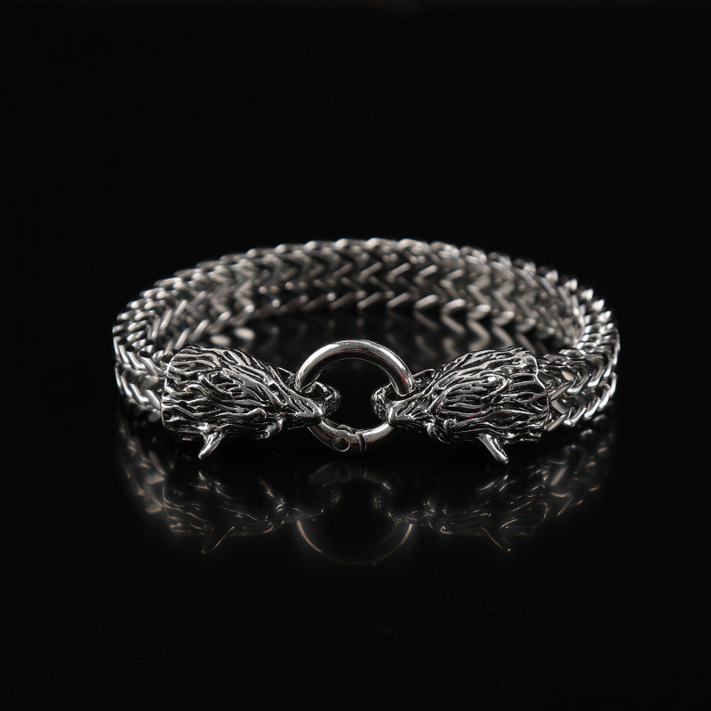 European and American Popular Retro Viking Wolf Head Bracelet Men's Stainless Steel Chain European and American Fashion Norwegian Style Bracelet Wholesale