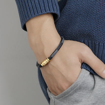 Cross-Border E-Commerce European and American Titanium Steel Lettering Old Pattern Cowhide Rope Bracelet Stainless Steel Magnetic Buckle Male and Female Couple Bracelet