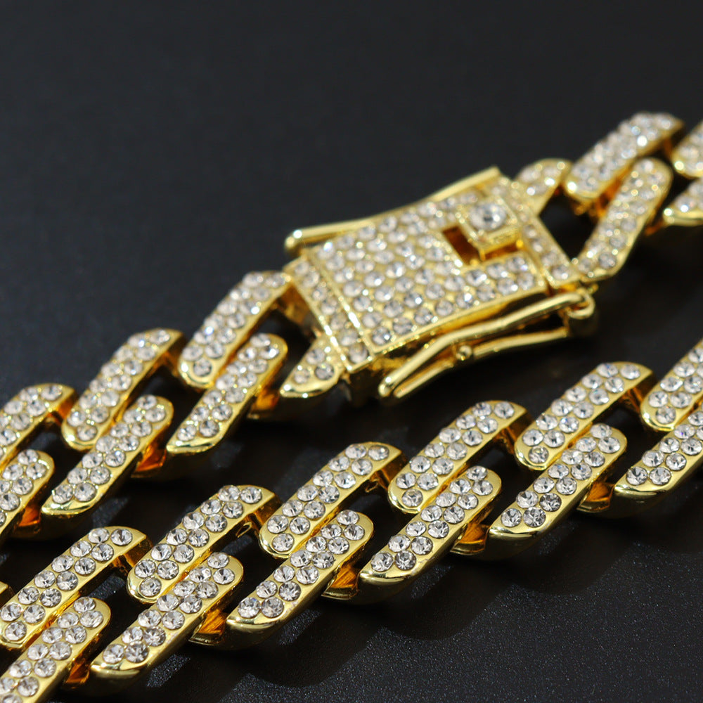 Cool trendy men's domineering motorcycle hip hop style Cuban chain necklace personality European and American full diamond alloy diamond chain necklace