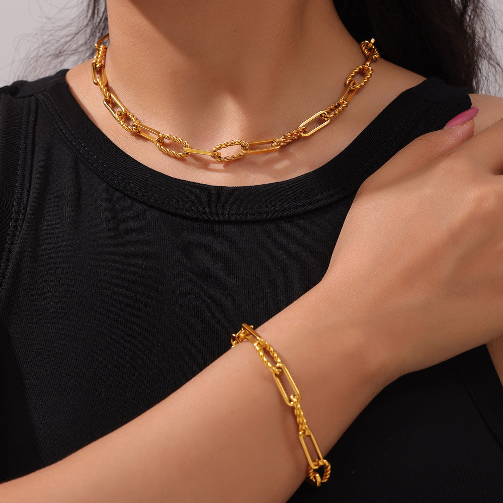 European and American Hip-Hop Fashion All-Match New Pattern Necklace Personalized Trendy Bracelet Titanium Steel Gold Plated Neutral Chain suit Women