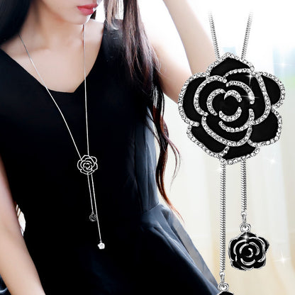 Korean Style Sparkling Black Rose Long Sweater Chain New High-End Elegant Retro Clothing Pendant Necklace Accessories