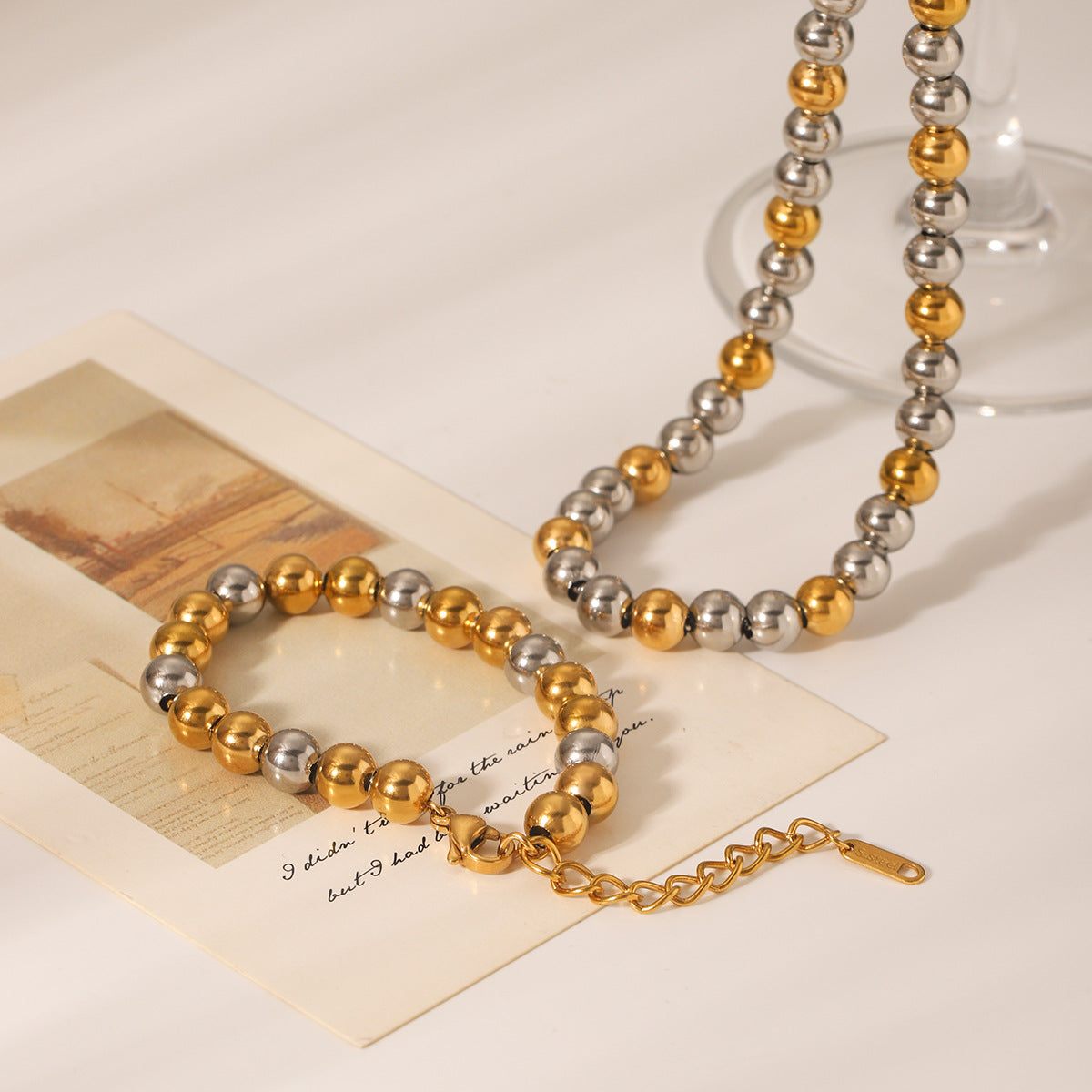 European and American Contrasting Color Ball Chain Stainless Steel Necklace Bracelet Women's Light Luxury Titanium Steel Clavicle Chain Color Matching Necklace Cross-Border Hand Jewelry