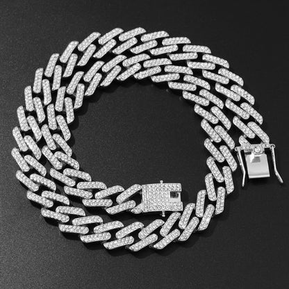 Cool trendy men's domineering motorcycle hip hop style Cuban chain necklace personality European and American full diamond alloy diamond chain necklace