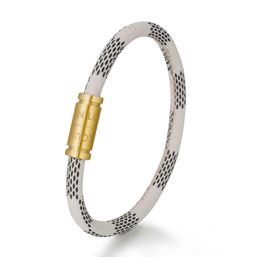 Cross-Border E-Commerce European and American Titanium Steel Lettering Old Pattern Cowhide Rope Bracelet Stainless Steel Magnetic Buckle Male and Female Couple Bracelet