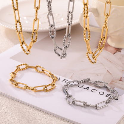 European and American Hip-Hop Fashion All-Match New Pattern Necklace Personalized Trendy Bracelet Titanium Steel Gold Plated Neutral Chain suit Women