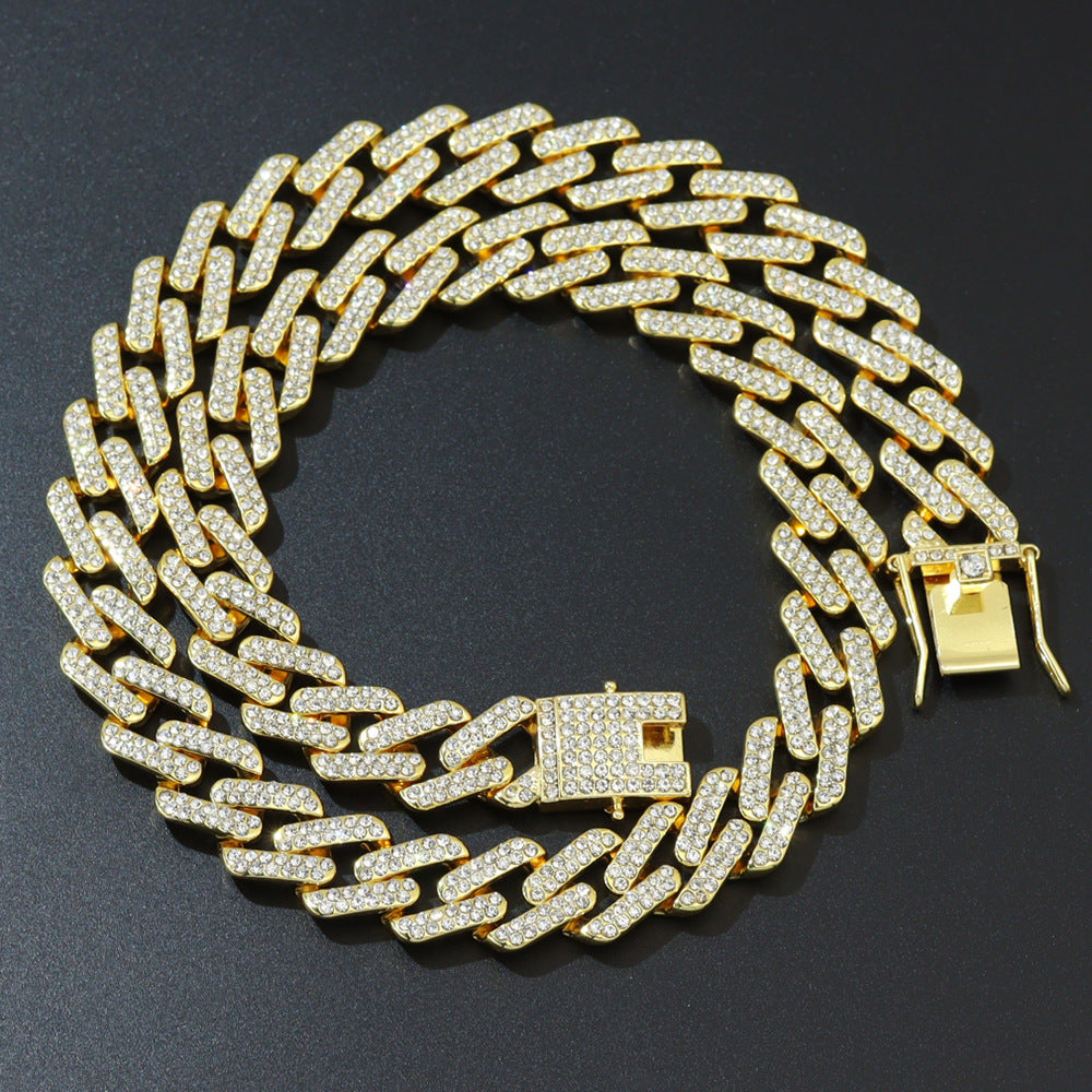 Cool trendy men's domineering motorcycle hip hop style Cuban chain necklace personality European and American full diamond alloy diamond chain necklace