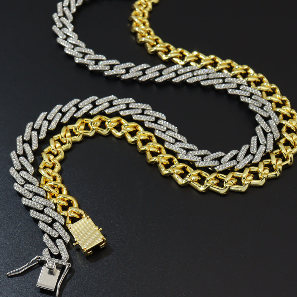 Cool trendy men's domineering motorcycle hip hop style Cuban chain necklace personality European and American full diamond alloy diamond chain necklace