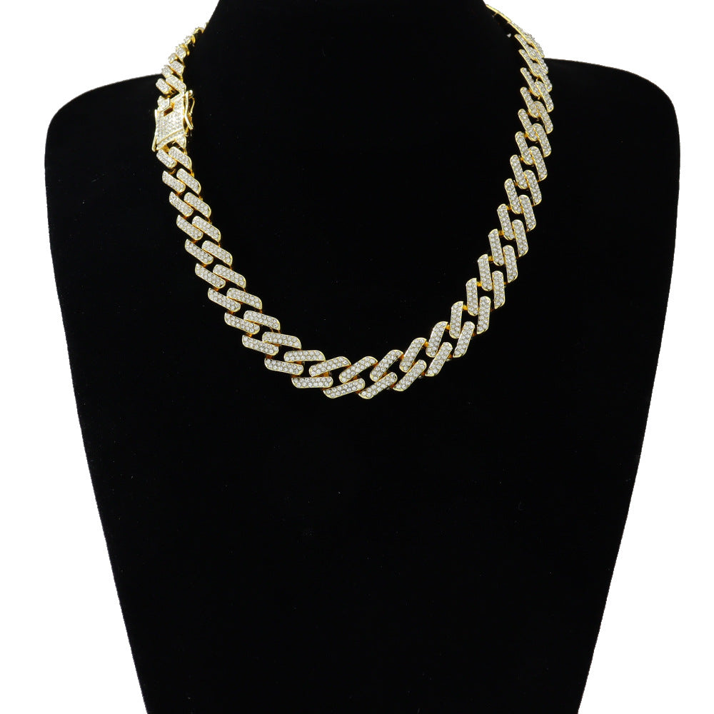 Cool trendy men's domineering motorcycle hip hop style Cuban chain necklace personality European and American full diamond alloy diamond chain necklace