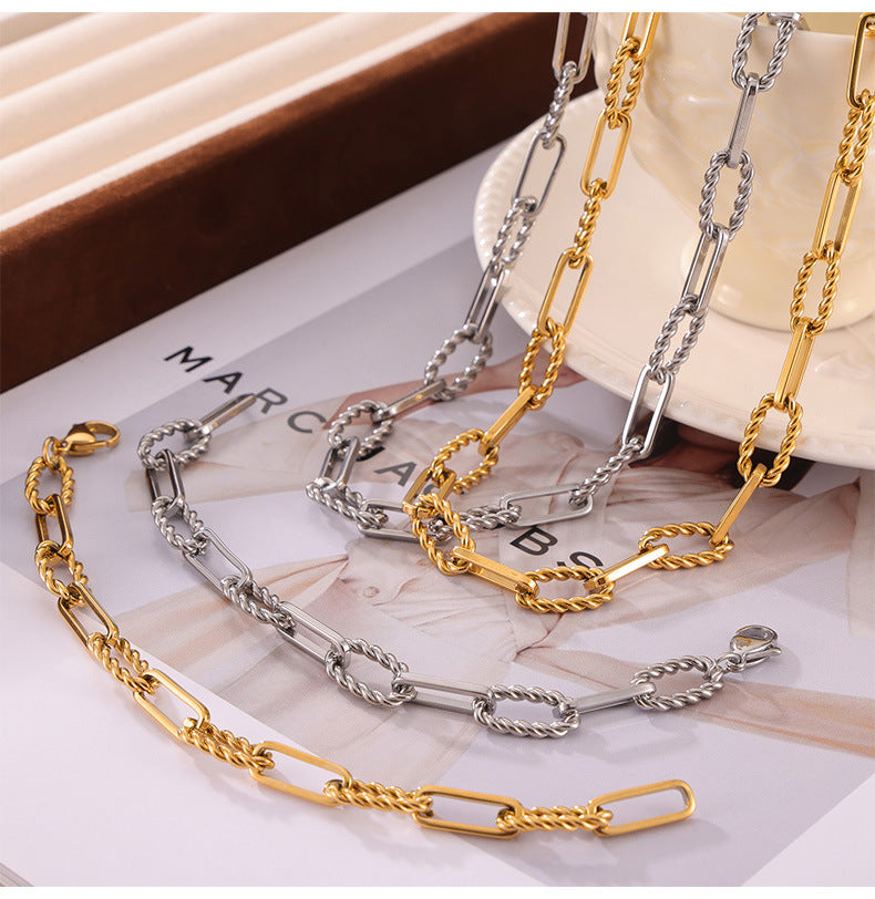 European and American Hip-Hop Fashion All-Match New Pattern Necklace Personalized Trendy Bracelet Titanium Steel Gold Plated Neutral Chain suit Women